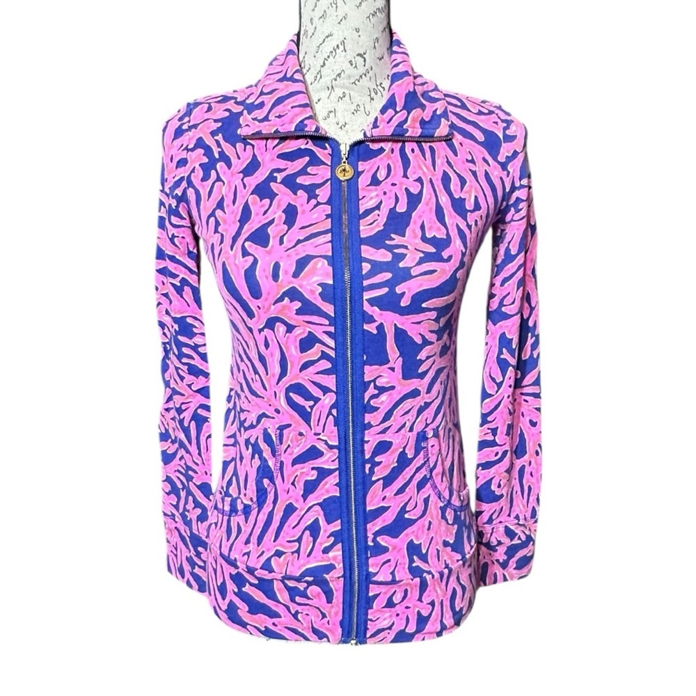 Lilly Pulitzer Popover Pink & Blue-Purple Coral Print ZipUp Jacket Size XXS